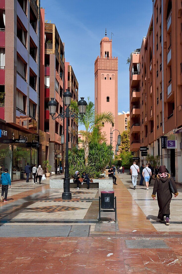 Morocco, High Atlas, Marrakech, Imperial city, Gueliz district in the modern part of the town, western style buildings and the Hassan II mosque (Turkish mosque) next to Place du 16 Novembre