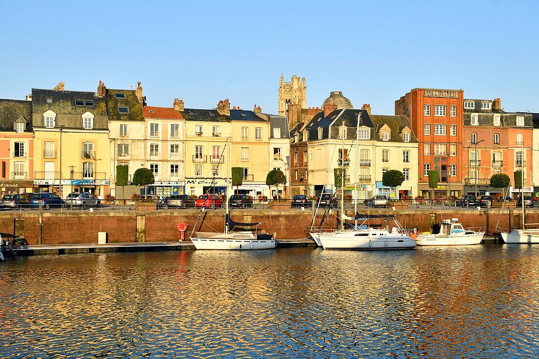 France, Seine Maritime, Pays de Caux, Cote d'Albatre, Dieppe, the harbour and the Quai Henri IV with Saint Jacques church from the 13th century