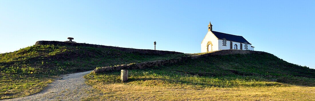France, Morbihan, Carnac, burial mound (tumulus) and Saint Michel chapel