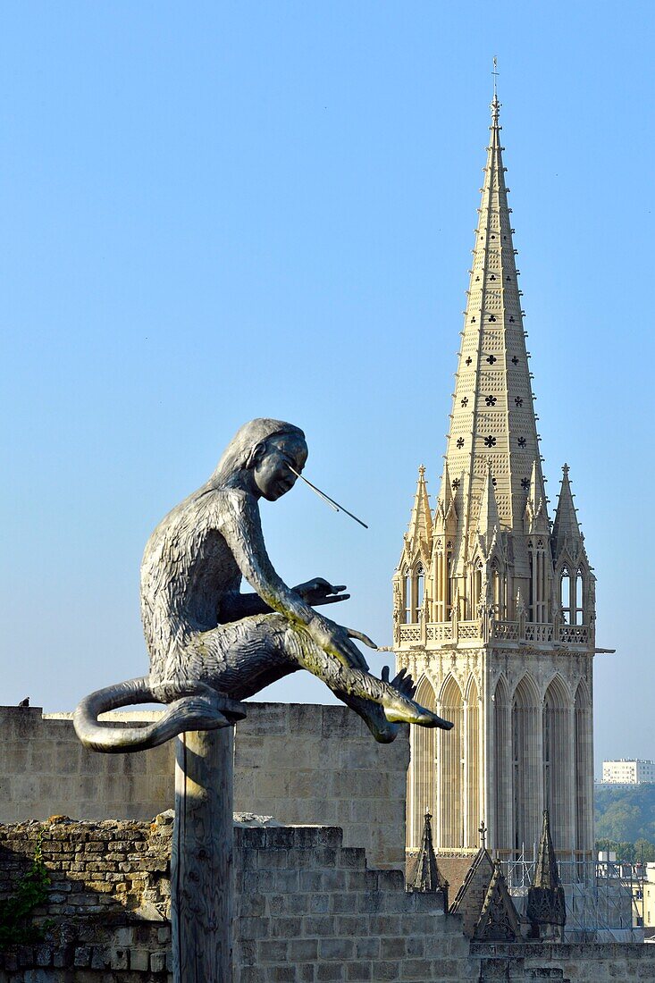 France, Calvados, Caen, the castle of William the Conqueror, Ducal Palace and Saint Pierre church in the background, The sculpture park of the castle at the Fine arts museum