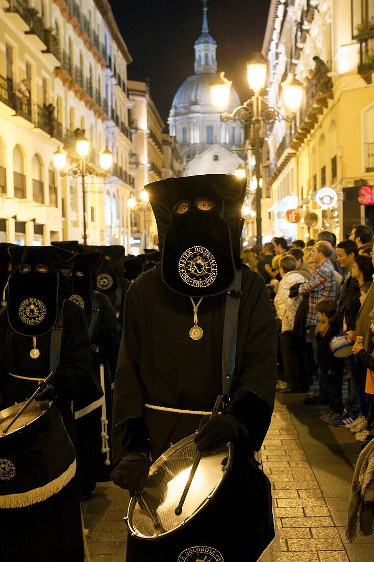 Spain, Aragon Region, Zaragoza Province, Zaragoza, Semana Santa (Holy Week) celebrations, Basilica de Nuestra Senora de Pilar in the background