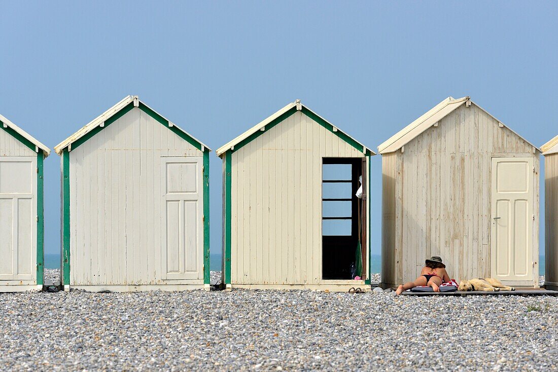 France, Somme, Baie de Somme (Somme bay), Cayeux sur Mer, the boardwalk lined with 400 colorful cabins and 2 km long