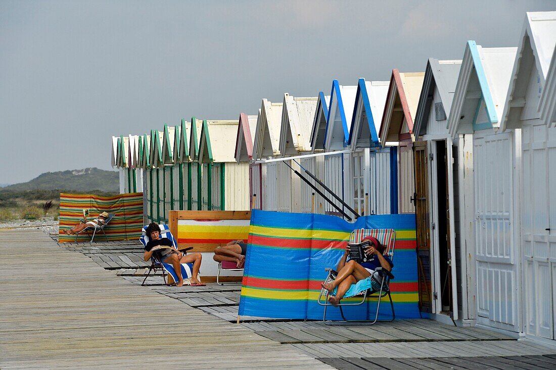 France, Somme, Baie de Somme (Somme bay), Cayeux sur Mer, the boardwalk lined with 400 colorful cabins and 2 km long