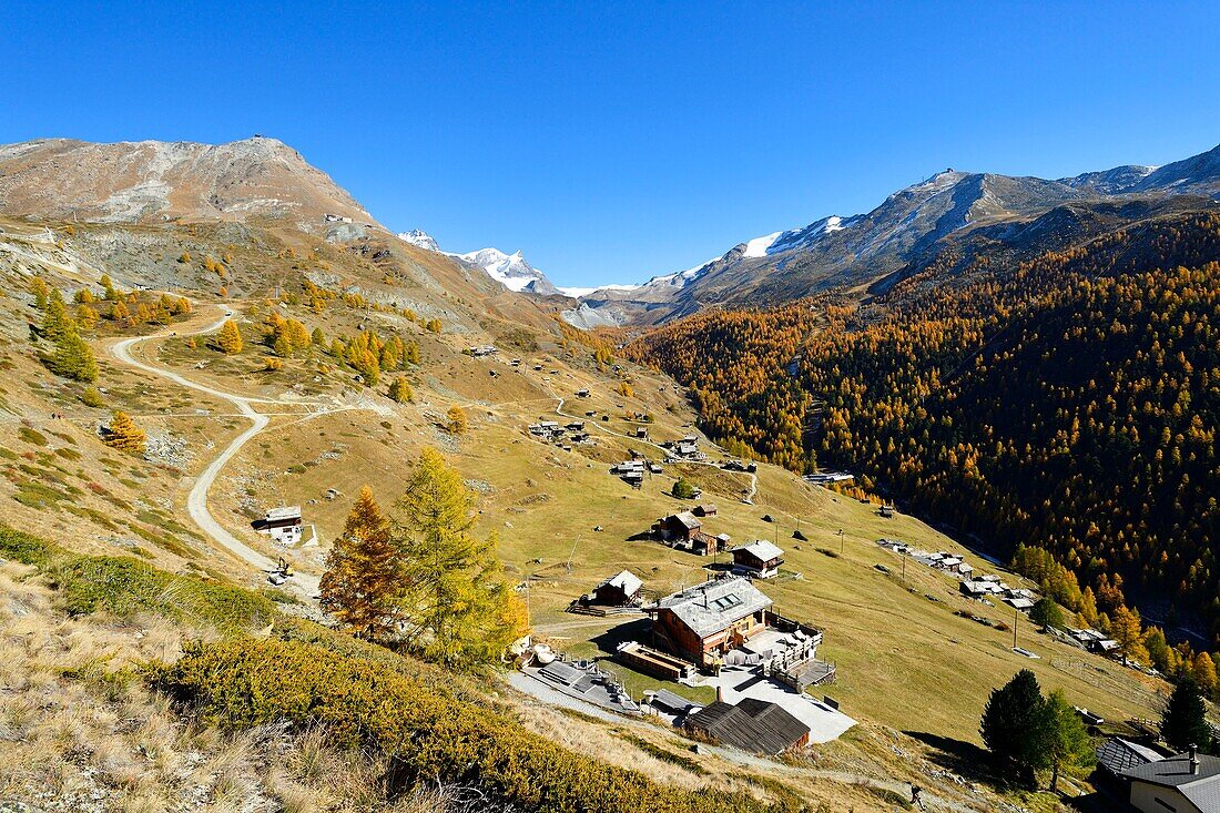 Schweiz, Kanton Wallis, Zermatt, Weiler Findeln am Fusse des Matterhorns, Gipfel Strahlhorn und Adlerhorn