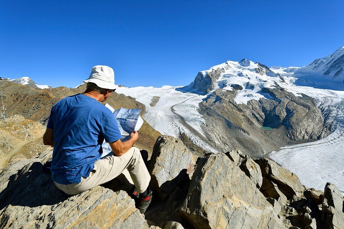 Switzerland, canton of Valais, Zermatt, Gornergrat (3100 m), Monte Rosa Glacier and Monte Rosa (4634m)