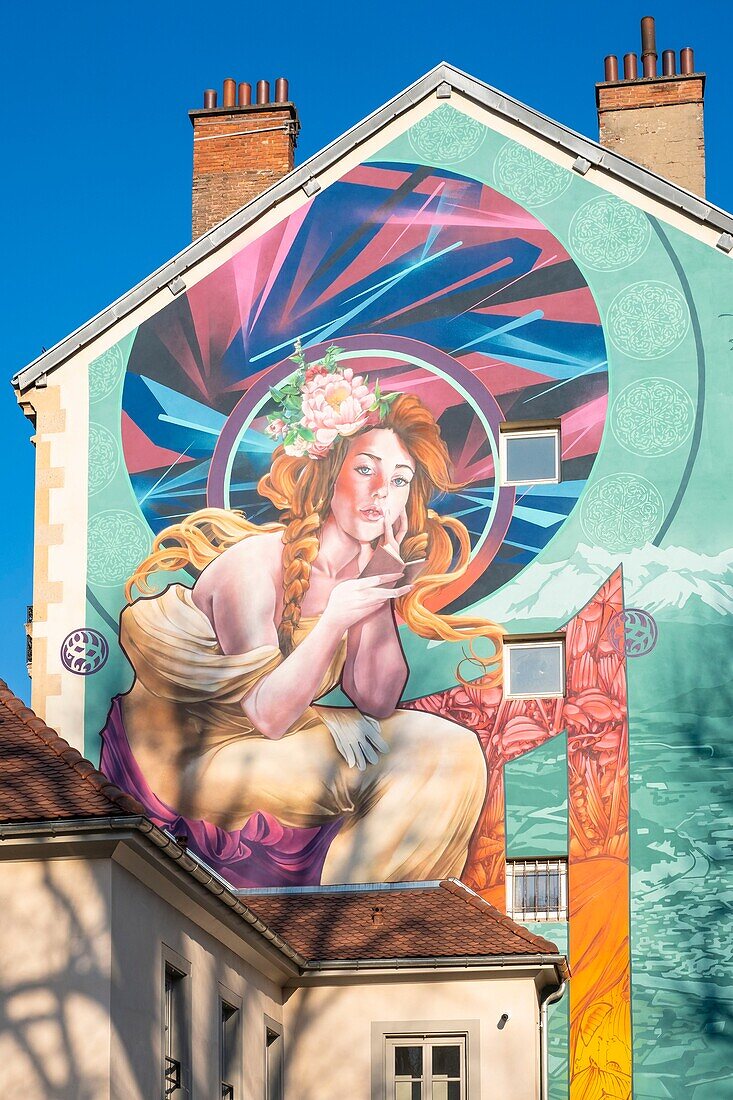 France, Isere, Grenoble, Cours Berriat, Notre-Dame de Grâce II by the Canadian A&#x2019;Shop, fresco created during the Grenoble Street-Art Fest 2017