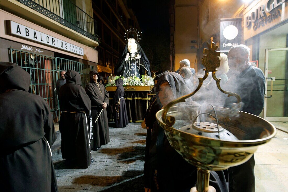 Spain, Aragon Region, Zaragoza Province, Zaragoza, Religious float being carried through the streets during Semana Santa, (Holy Week) celebrations