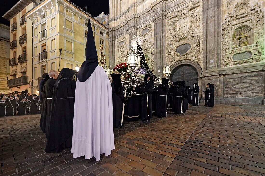 Spain, Aragon Region, Zaragoza Province, Zaragoza, Religious float being carried through the streets during Semana Santa, (Holy Week) celebrations, Church of Santa Isabel de Portugal