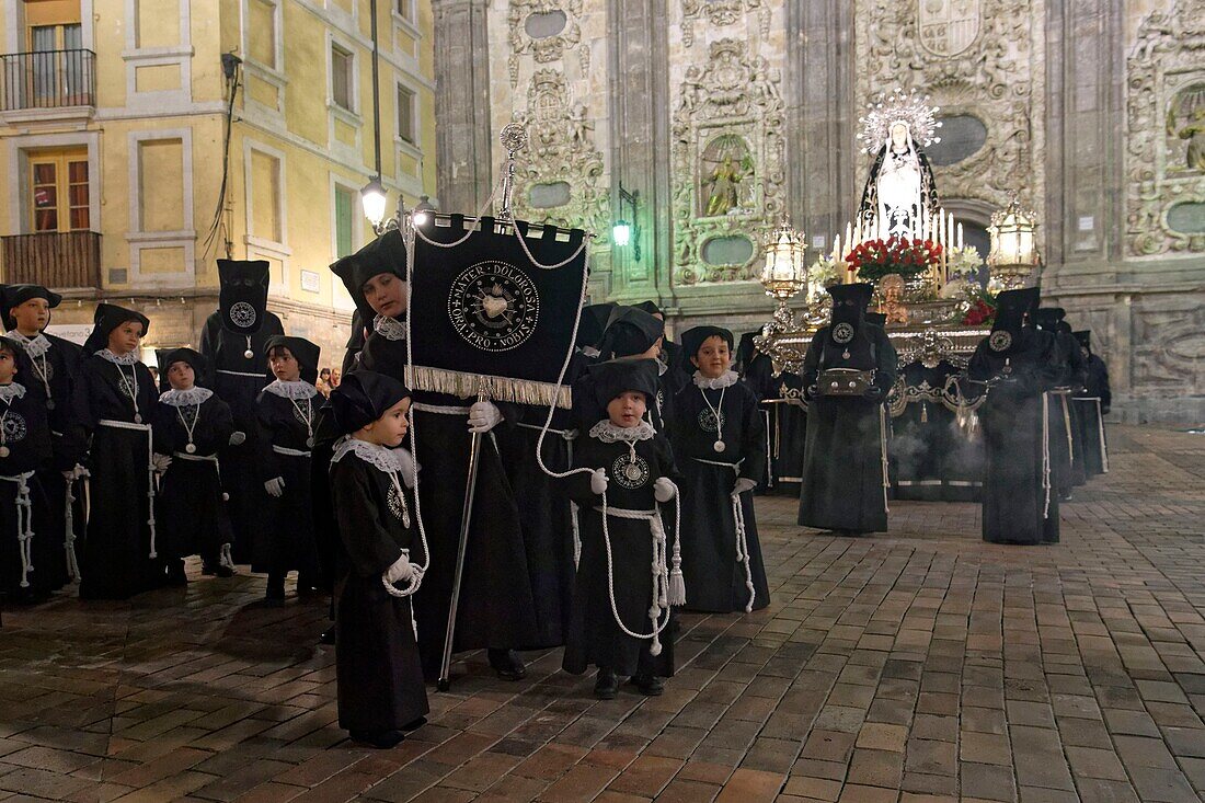 Spain, Aragon Region, Zaragoza Province, Zaragoza, Religious float being carried through the streets during Semana Santa, (Holy Week) celebrations, Church of Santa Isabel de Portugal