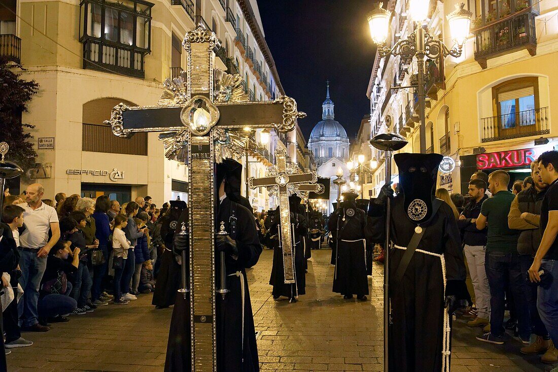 Spain, Aragon Region, Zaragoza Province, Zaragoza, Semana Santa (Holy Week) celebrations, Basilica de Nuestra Senora de Pilar in the background