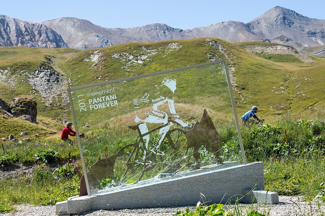 France, Savoie, Massif des Cerces, Valloire, cycling climb of the Col du Galibier, one of the routes of the largest cycling area in the world, By mounting the monument to the glory of cyclist Pantani