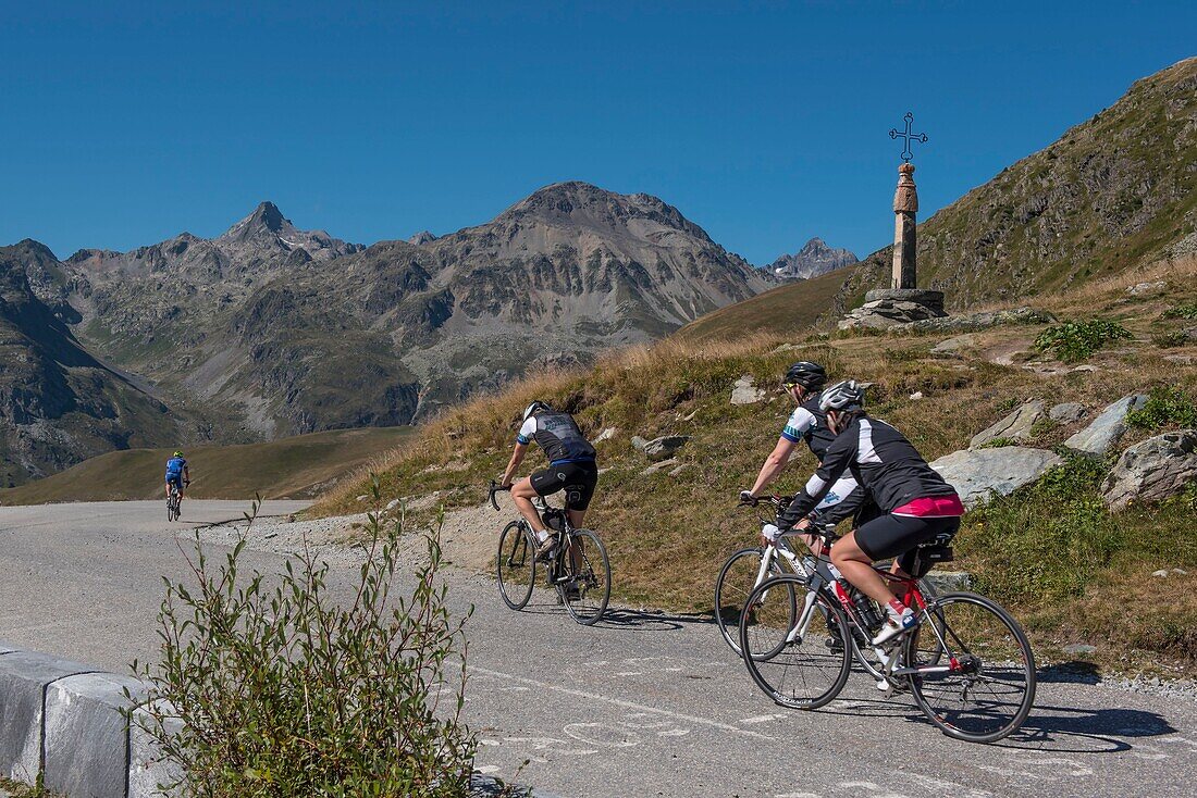 France, Savoie, Saint Jean de Maurienne, the largest bike trail in the world was created within a radius of 50 km around the city. Cyclists at the top of the Iron Cross Pass