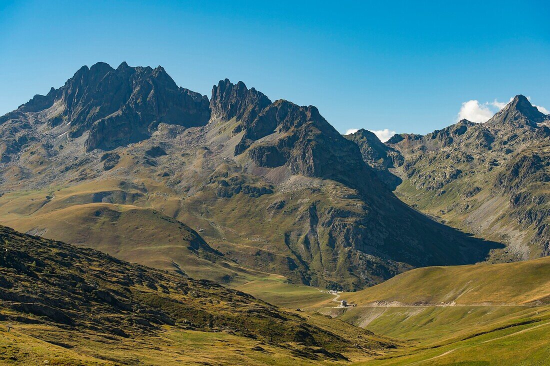 France, Savoie, Saint Jean de Maurienne, the largest bike trail in the world was created within a radius of 50 km around the city, the Glandon Pass seen from the pass of the Iron Cross and the needles of the Argentière