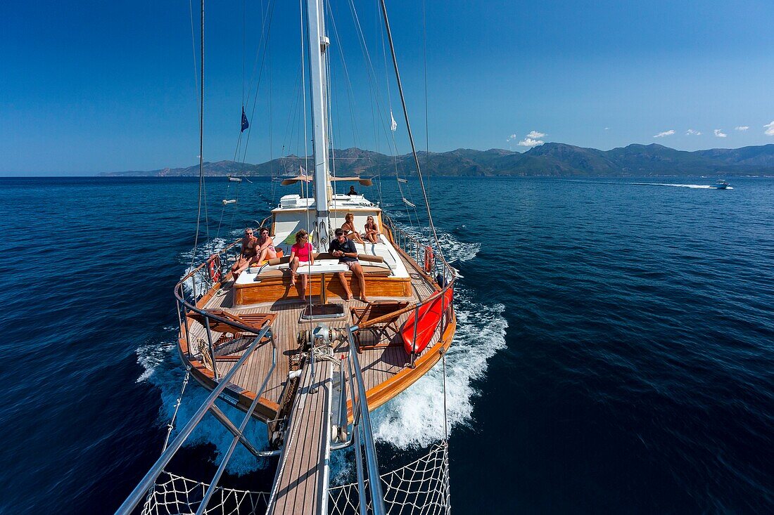 France, Haute Corse, Gulf of Saint Florent, the gulet type wooden boat of Jacques Croce, Aliso day Cruise compulsory mention