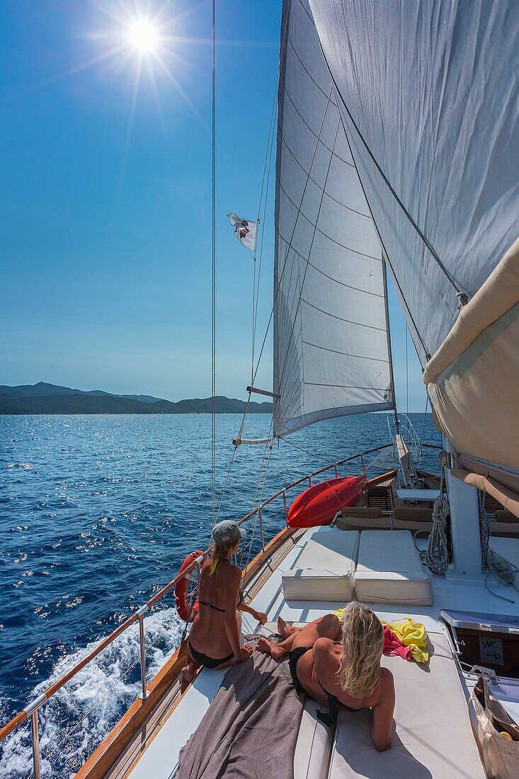 France, Haute Corse, Gulf of Saint Florent, the gulet type wooden boat of Jacques Croce, Aliso day Cruise compulsory mention