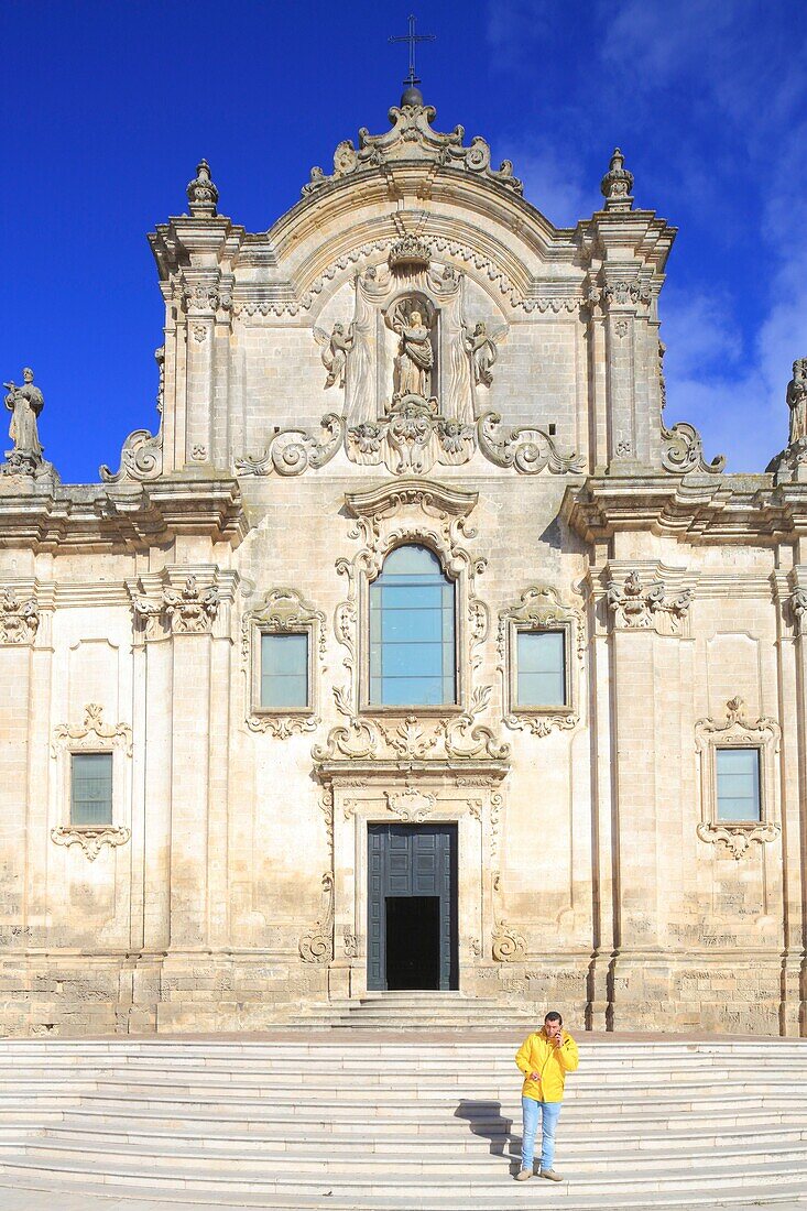Italy, Basilicata, Matera, European Capital of Culture 2019, Piazza San Francesco, Baroque facade (18th century) by the architects Vito Valentino and Tommaso Pennetta of the Church of St. Francis of Assisi (San Francesco d'Assisi)
