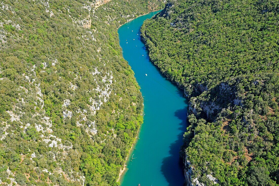 Frankreich, Alpes de Haute Provence, Quinson, Regionaler Naturpark Verdon, untere Gorges du Verdon (Luftaufnahme)