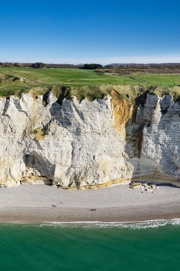 Frankreich, Seine Maritime, Etretat, Cote d'Abatre, Pointe de la Courtine, Strand von Antifer (Luftaufnahme)