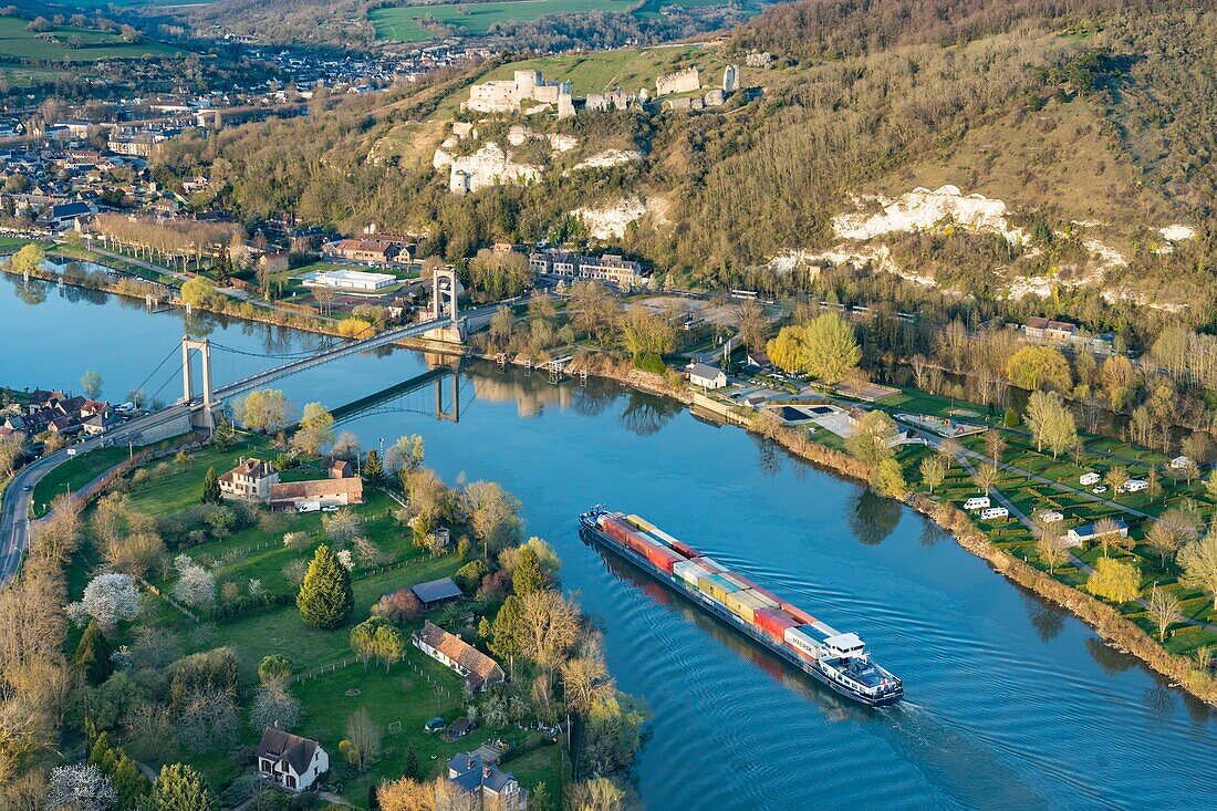 France, Eure, Les Andelys, convoy pushed on the Seine, container transport, château Gaillard (aerial view)