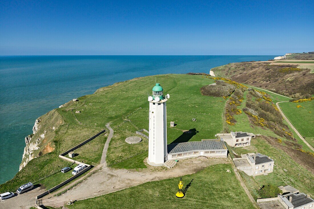 France, Seine Maritime, Etretat, Cote d'Abatre, La Poterie Cap d'Antifer, Cap Antifer lighthouse (aerial view)