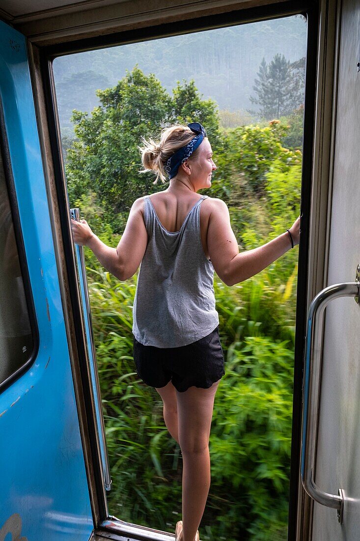 Sri Lanka, Uva province, the train line that connects Badulla to Kandy crossing mountain regions and tea plantations