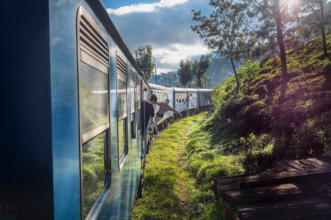 Sri Lanka, Uva province, the train line that connects Badulla to Kandy crossing mountain regions and tea plantations