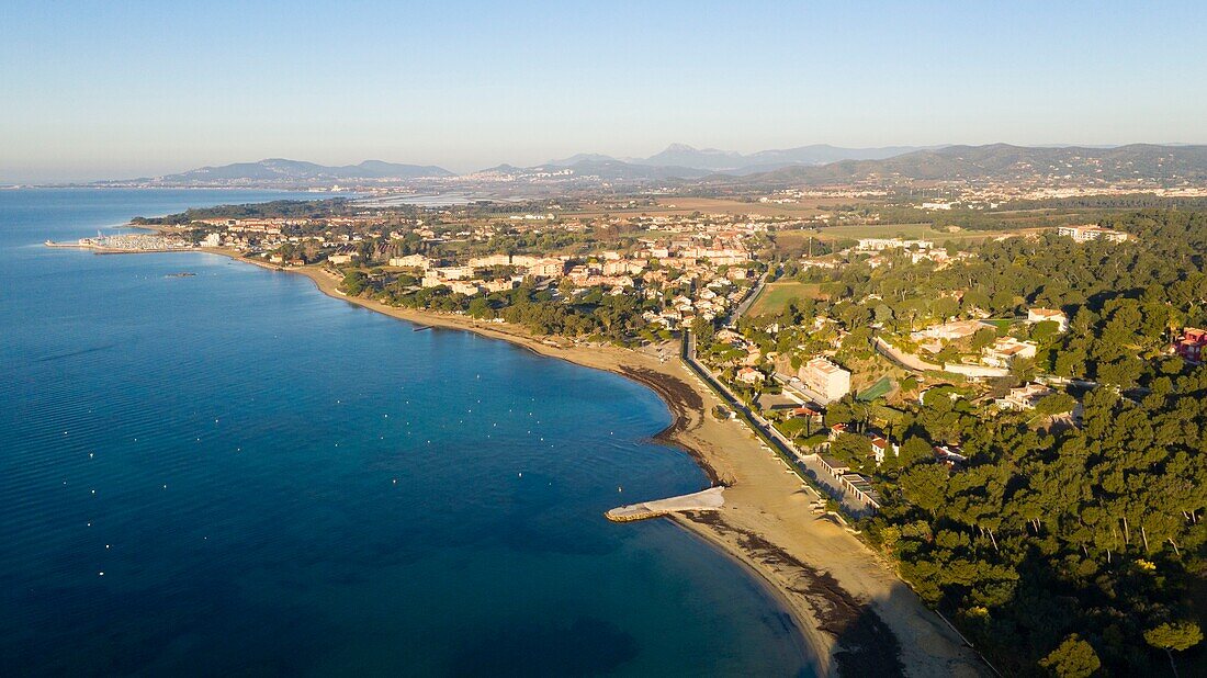 France, Var, La Londe Les Maures, beach of Argentiere, coastal path (aerial view)