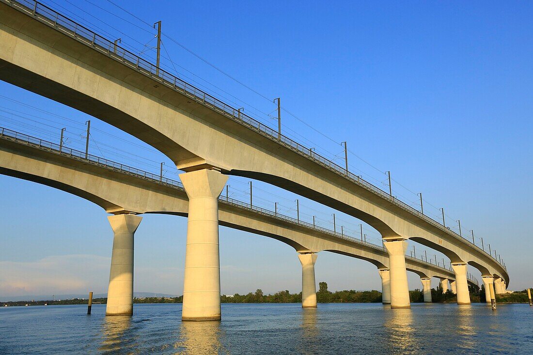 France, Vaucluse, Avignon, double Viaduct of the TGV on the Rhone