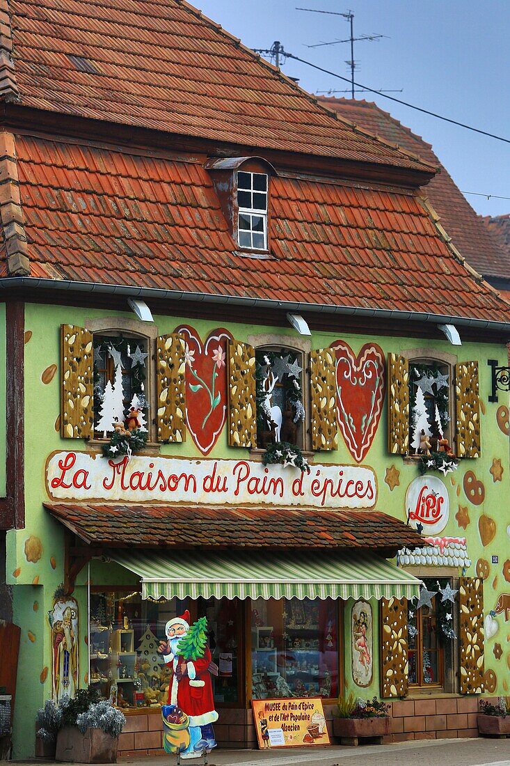 France, Bas Rhin, Gertwiller, The House of Gingerbread LIPS whose facades are painted trompe l'oeil where the LIPS Gingerbread is produced according to the traditional and artisanal process since 1806