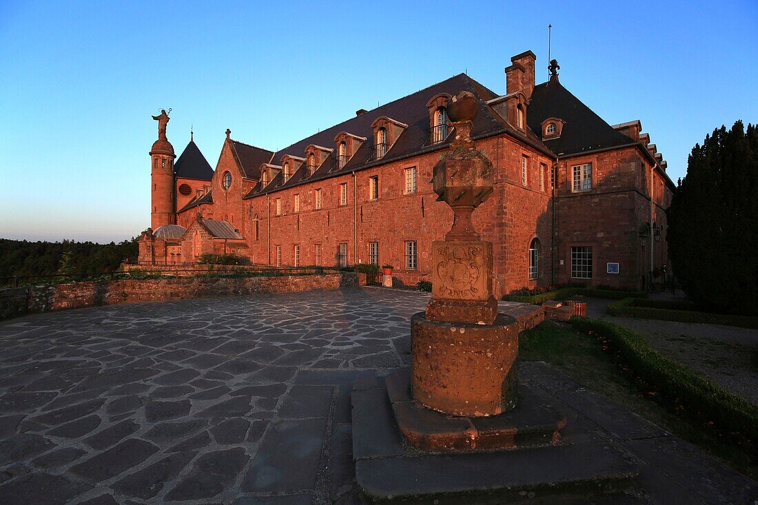 France, Bas Rhin, Ottrott, Mont Saint Odile, Mont Sainte Odile is a Vosges mountain, culminating at 764 meters above sea level, It is surmounted by the Hohenbourg Abbey, a convent overlooking the plain of Alsace