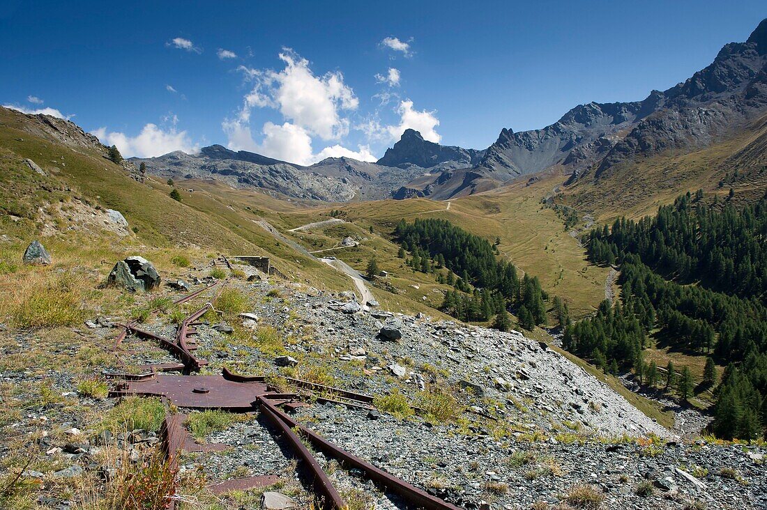 France, Hautes Alpes, Queyras massif, Saint Veran, railway installation of the old copper mines of Traversier, in the background the Clausis chapel and the head of the Toilies (3175m)