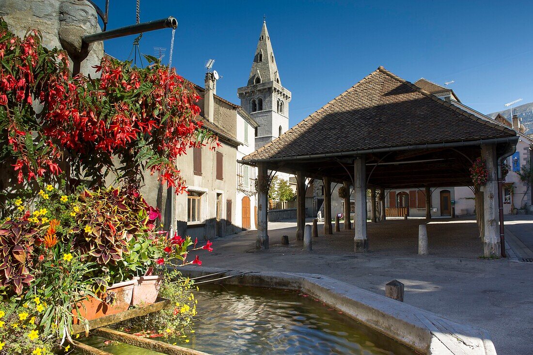 France, Isere, Trieves, the fountain of the halls and the bell tower of the church and the halls