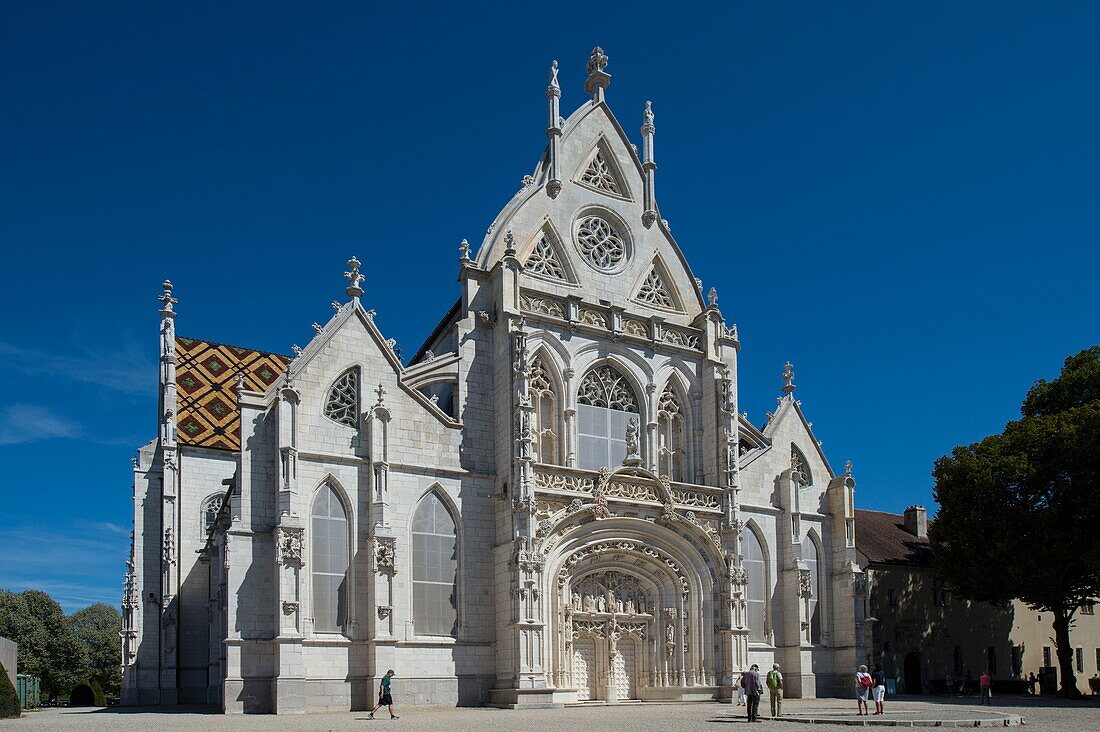 France, Ain, Bourg en Bresse, Royal Monastery of Brou restored in 2018, the church of Saint Nicolas de Tolentino masterpiece of Flamboyant Gothic, the west facade