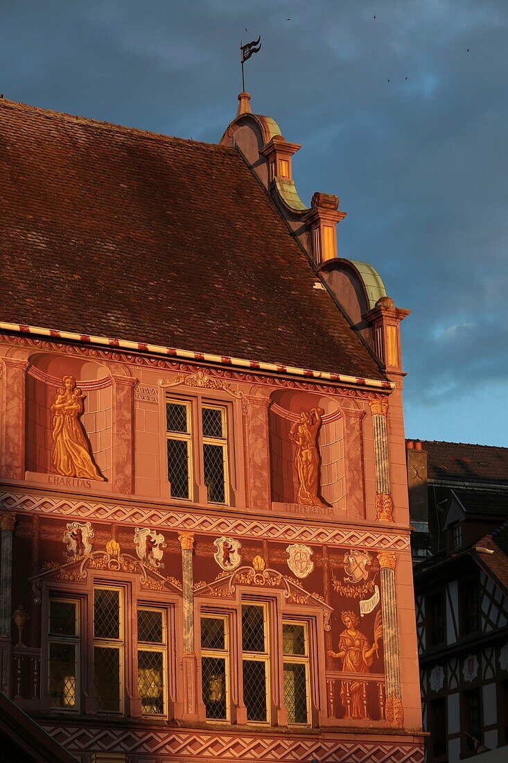 France, Haut Rhin, Mulhouse, Place de la Reunion, Detail of the facade of the Town Hall