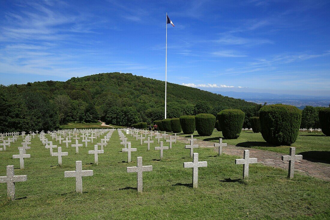 France, Haut Rhin, Hautes Vosges, Hartmannswillerkopf or Vieil Armand, National Necropolis of the First World War, cemetery of French soldiers, renamed Vieil Armand after the First World War, is a pyramidal rocky outcrop, in the Vosges, overlooking 956 meters the plain of Alsace Haut Rhin