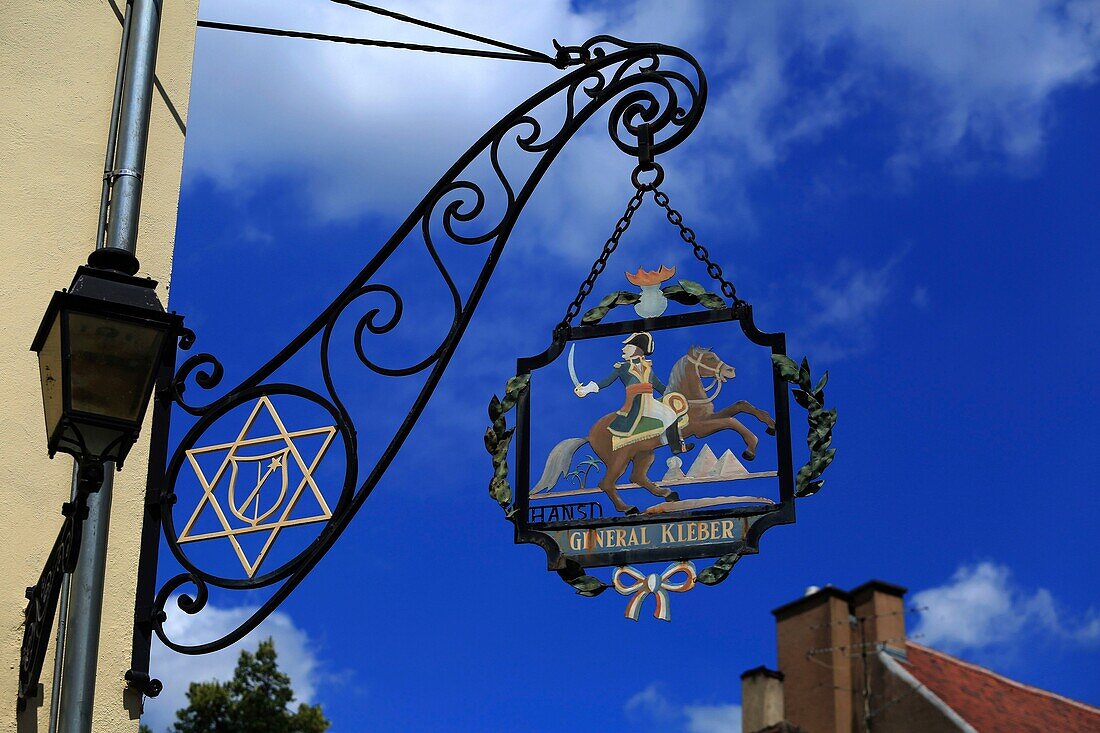 France, Haut Rhin, Colmar, Jean Jacques Waltz said Hansi, KLEBER General Sign at the corner of the Cathedral Square and the Rue des Tourneurs, It was made in 1954 by the builder Arnold LOEWERT of BUHL