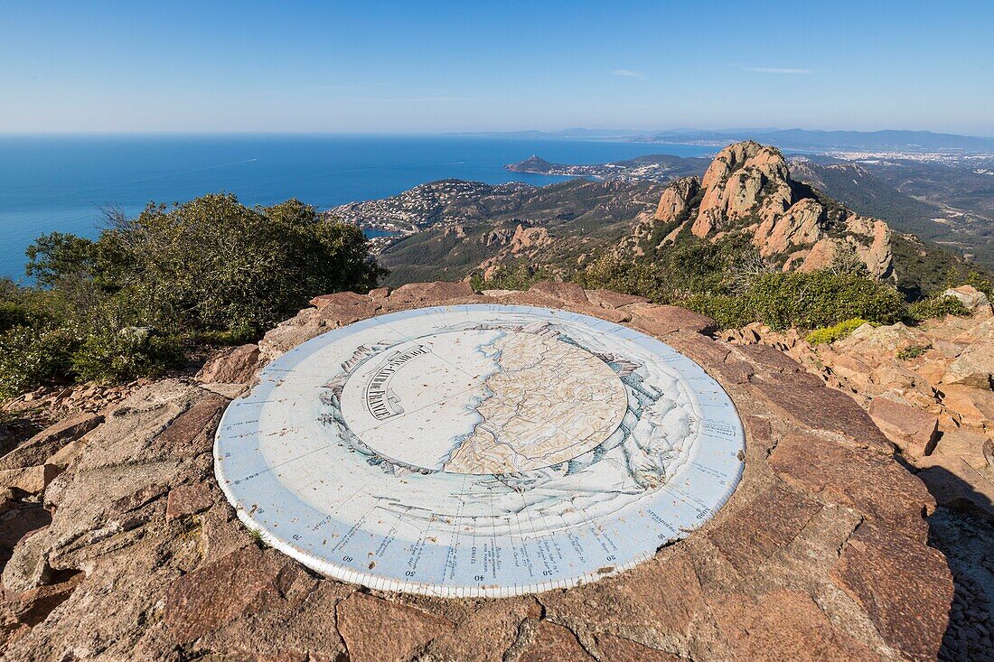 France, Var, Saint Raphael's common Agay, massif of Esterel, viewpoint indicator at the top of the Cap Roux, behind the summit of Saint Pilon peaks (442m), the coast of the Corniche of Esterel, Antheor and the Cape of Dramont