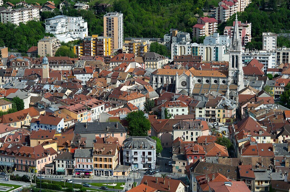 France, Hautes Alpes, Gap, general view from the hill of Puymaure on the old town and the Notre Dame de l'Assomption cathedral