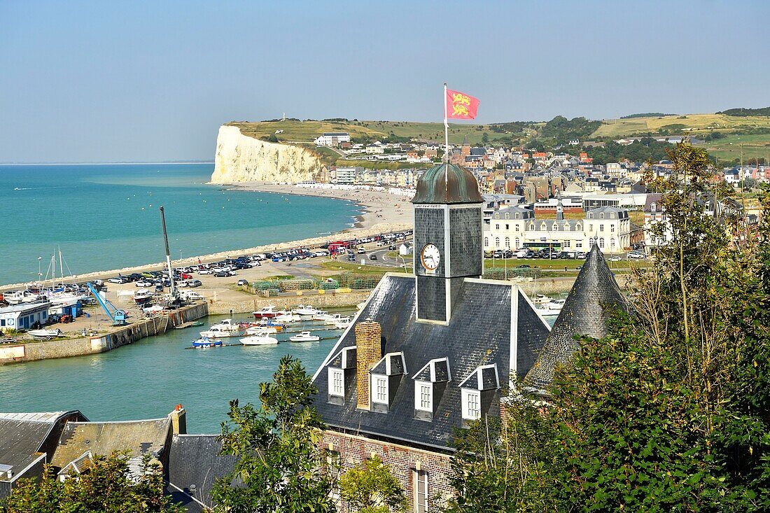 France, Seine Maritime, Le Treport, old town hall from 1882 and in the background cliffs of Mers les Bains