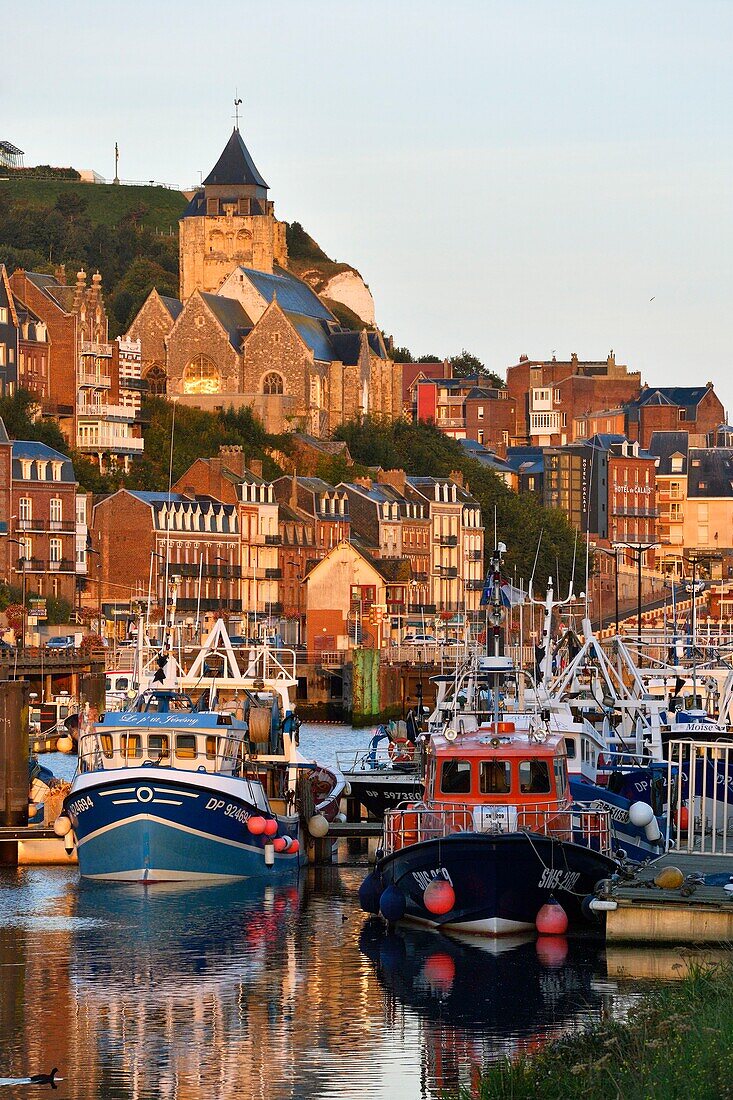 France, Seine Maritime, Le Treport, the fishing harbour and Saint Jacques church