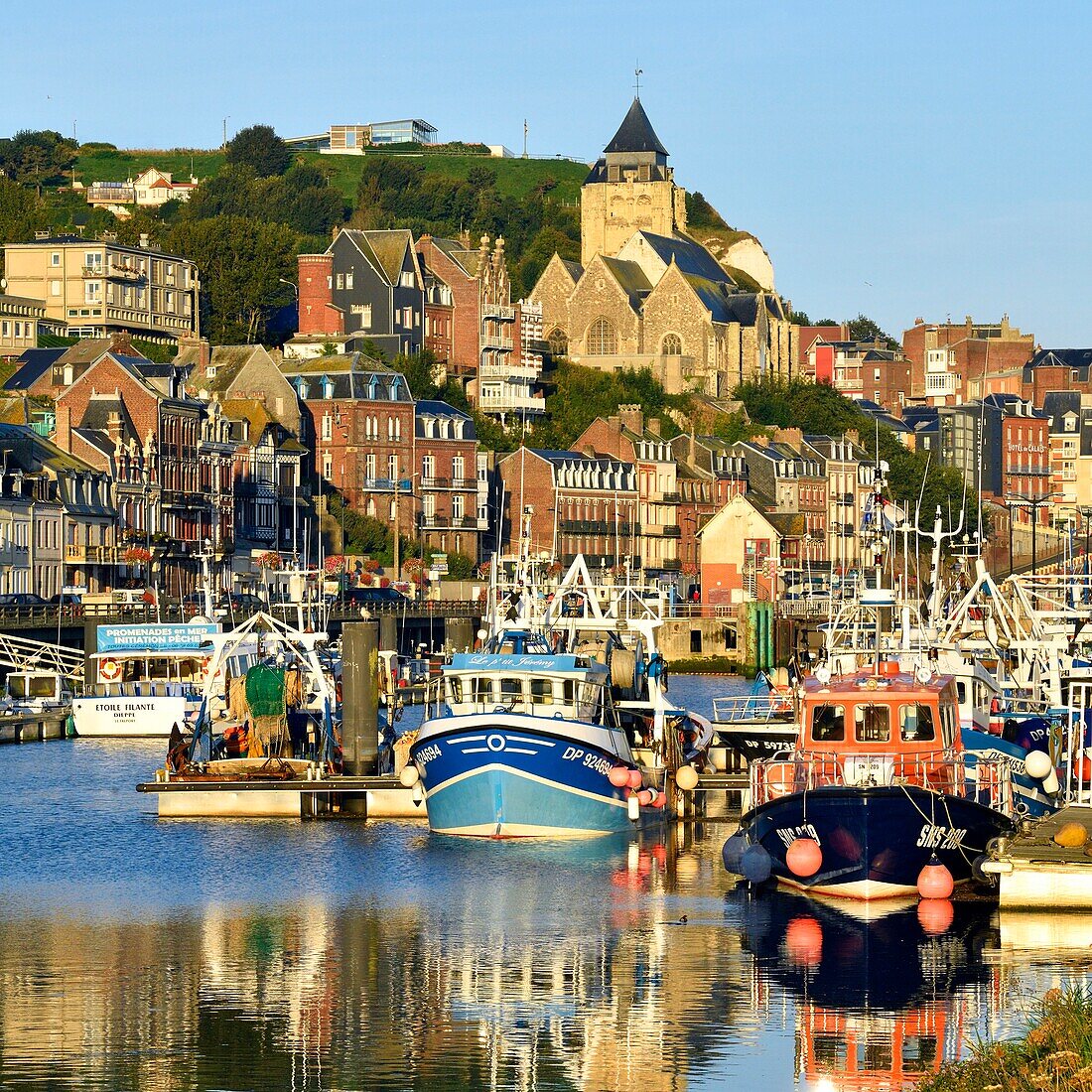 France, Seine Maritime, Le Treport, the fishing harbour and Saint Jacques church