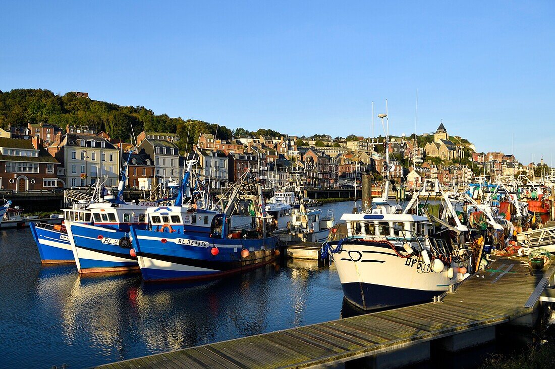 France, Seine Maritime, Le Treport, the fishing harbour and Saint Jacques church