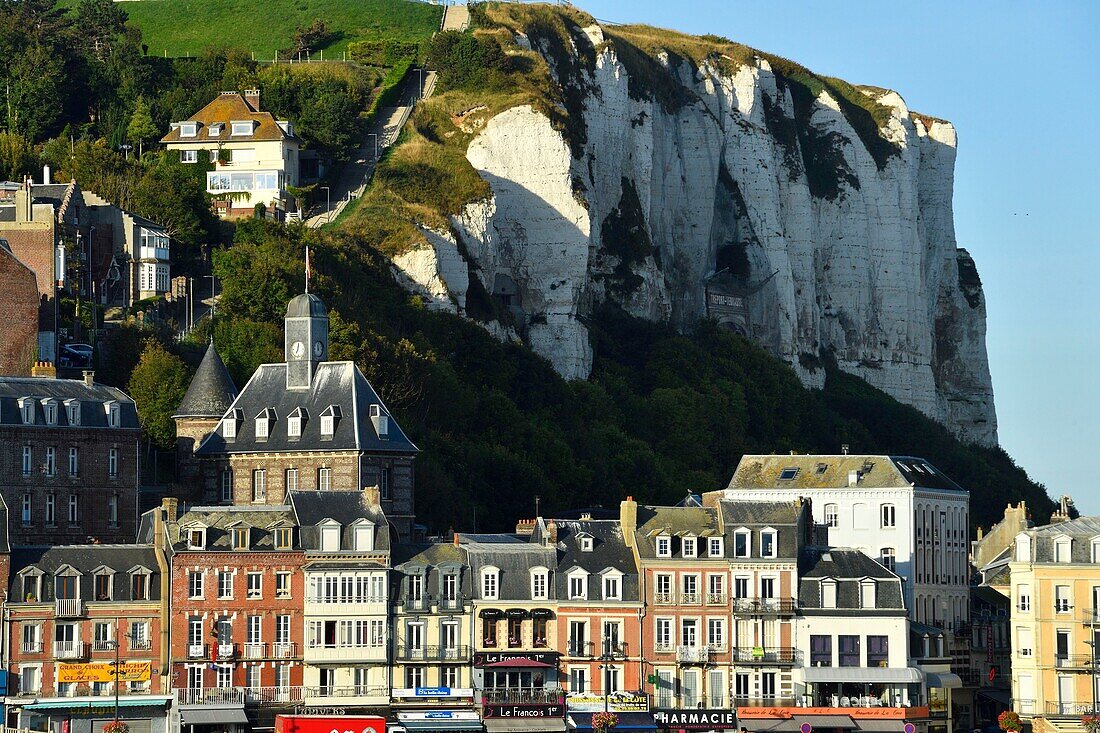 France, Seine Maritime, Le Treport, quay Francois I with old town hall from 1882 and the cliffs