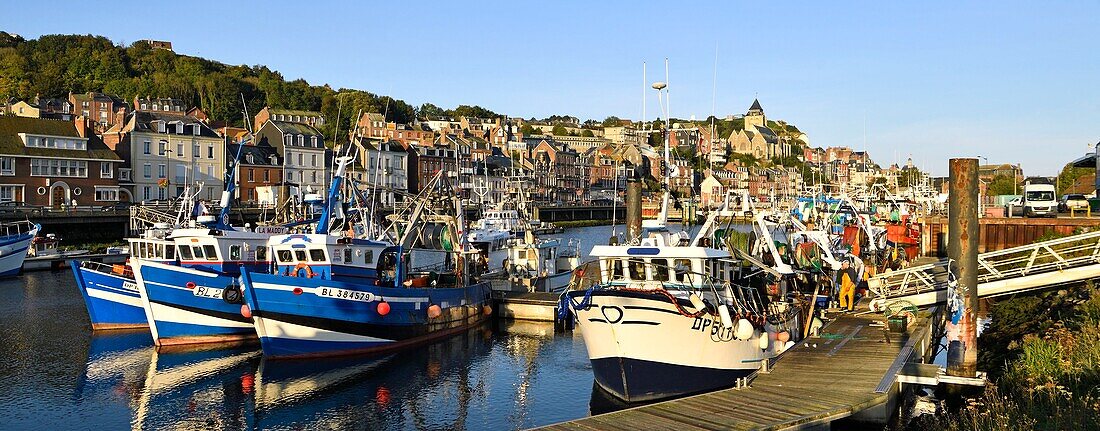 France, Seine Maritime, Le Treport, the fishing harbour and Saint Jacques church