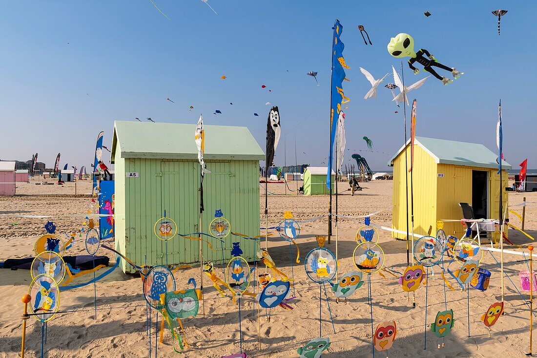 France, Pas de Calais, Opale Coast, Berck sur Mer, Berck sur Mer International Kite Meetings, during 9 days the city welcomes 500 kites from all over the world for one of the most important kite events in the world, the wind garden proposes a multitude of turnstiles, weathervanes and other decorations with materials of recovery or instruments whose strings vibrate with the wind producing sounds