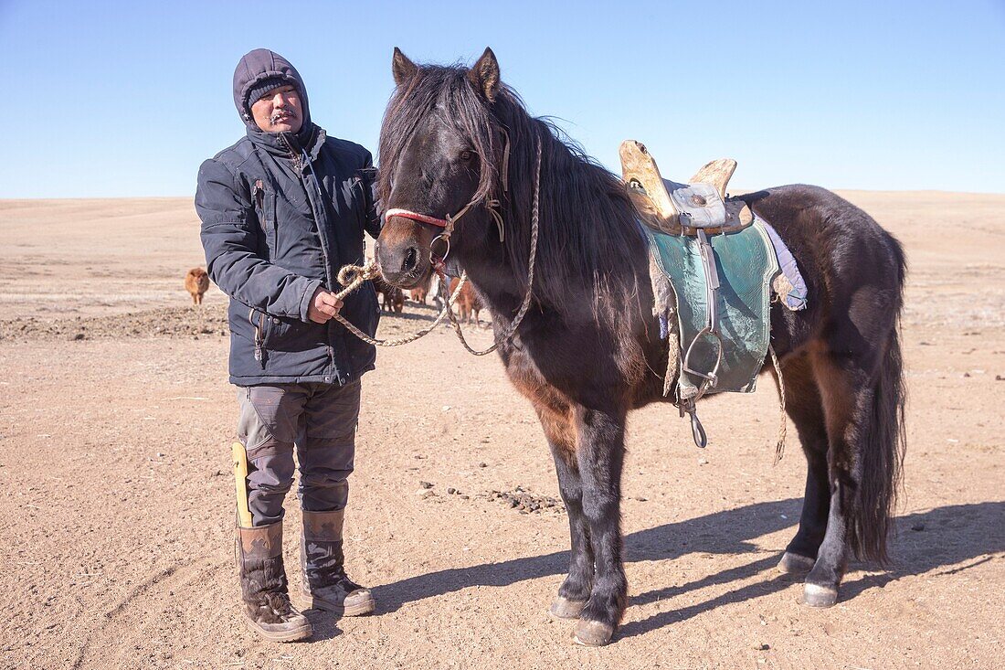 Mongolia, East Mongolia, Steppe area, Mongolian shepherd in traditional clothes