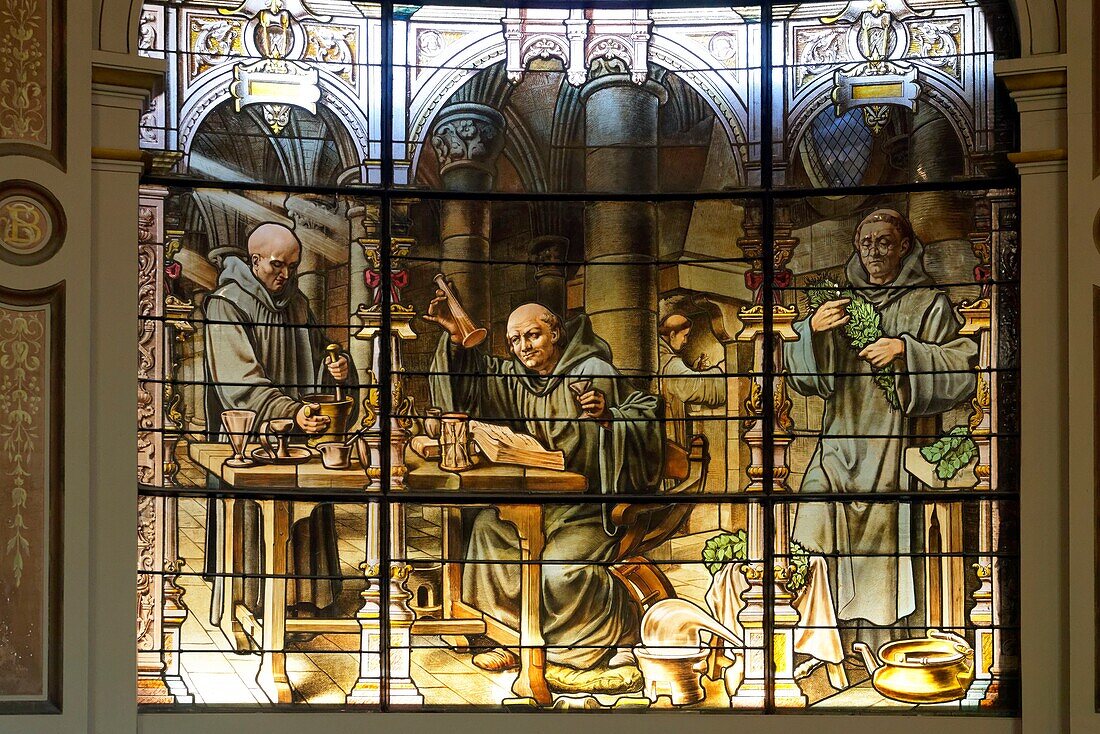 France, Seine Maritime, Pays de Caux, Alabaster Coast, Fecamp, the Gothic Revival and Neo-Renaissance Benedictine Palace, built in the late 19th century, is both the place of production of Benedictine liqueur and Museum, stained glass window depicting Don Bernardo Vincelli inventor of the Benedictine