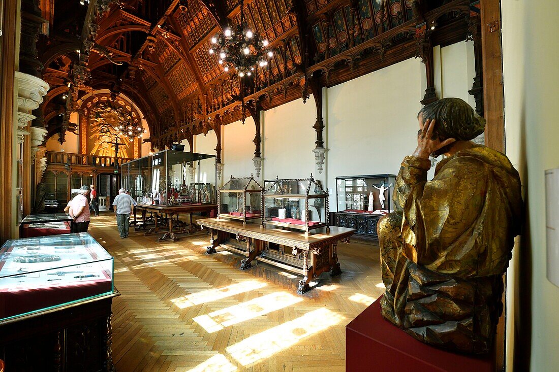 France, Seine Maritime, Pays de Caux, Alabaster Coast, Fecamp, the Gothic Revival and Neo-Renaissance Benedictine Palace, built in the late 19th century, is both the place of production of Benedictine liqueur and Museum, Gothic hall