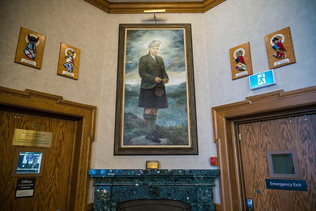 Canada, Nova Scotia, Antigonish, St. Francis Xavier University, Hall of Clans, crests of Scottish families who settled the area on display