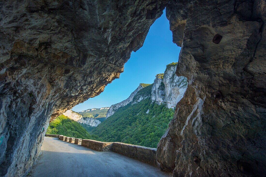 Frankreich, Isere, Massif du Vercors, Regionaler Naturpark, die atemberaubende Straße der Nan-Schluchten bei Sonnenuntergang